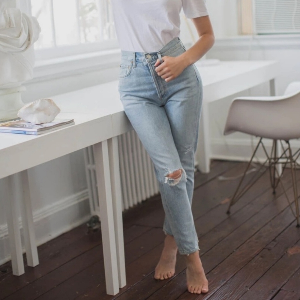 AGOLDE Riley Light Wash Distressed High Rise Straight Cropped Jeans - Picture 14 of 16